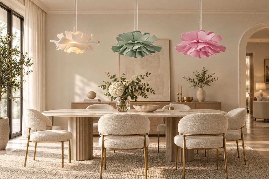 Blossenari flower pendant in White, Sage Green, and Pink over a dining table