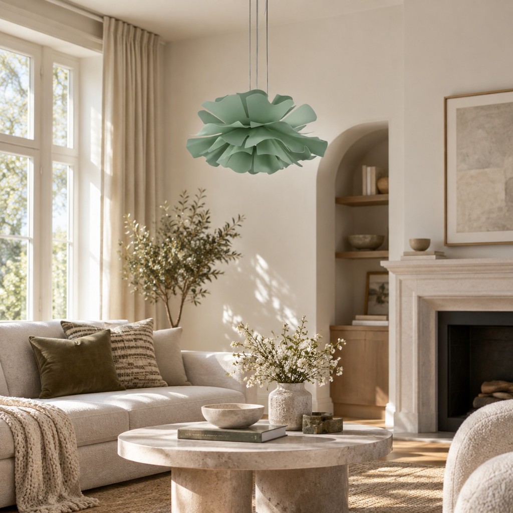 Sage Green Blossenari in a living room, unlit