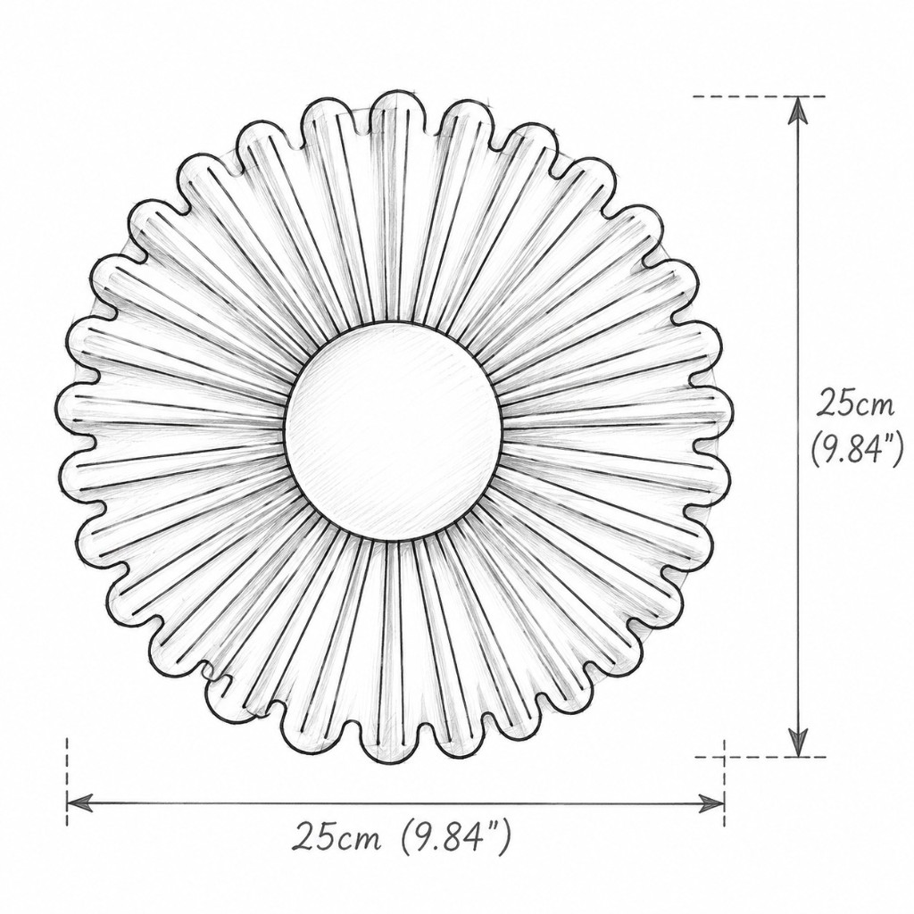 Size diagram: 25 cm (9.84 in) width and height