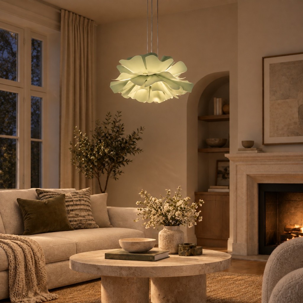 Sage Green Blossenari in a living room, lit