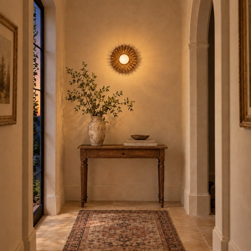 Brown Glova wall light in a hallway, lit