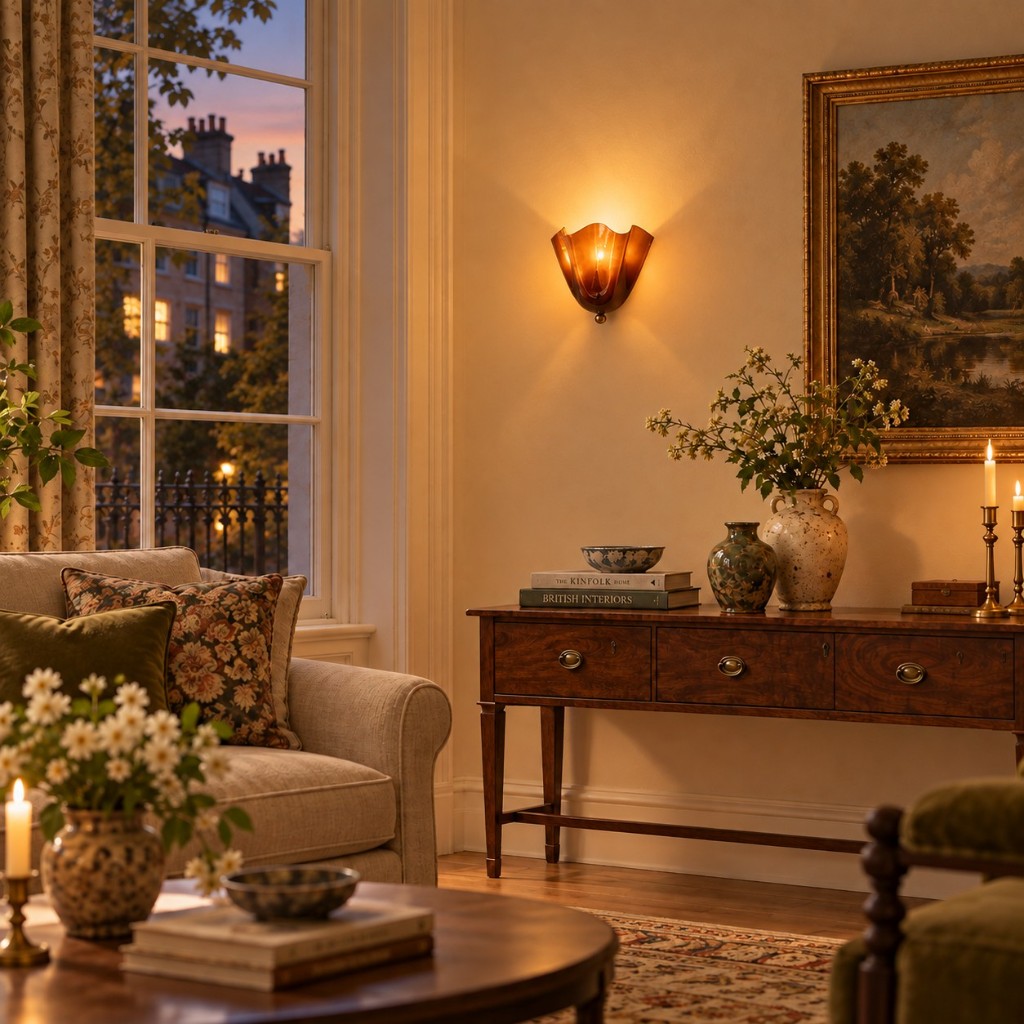Amber glass wall lamp above a console, lit