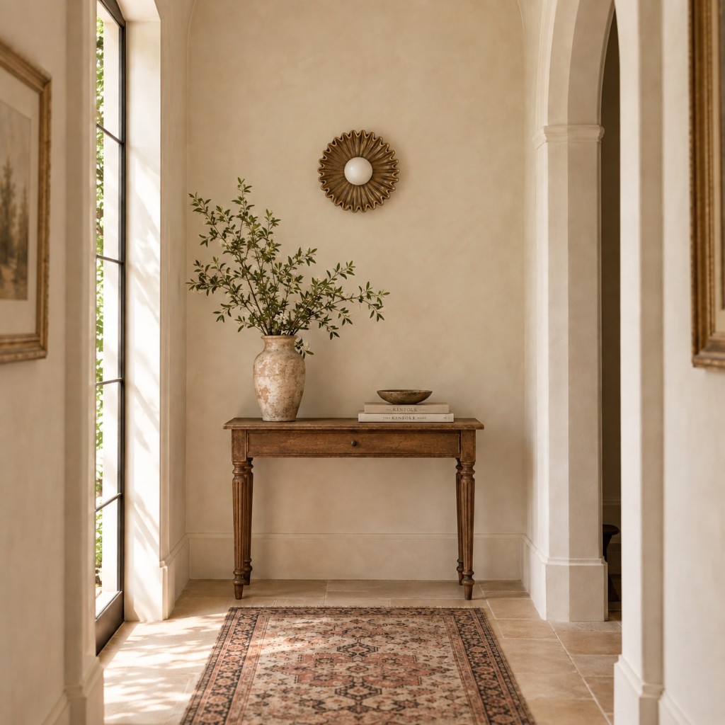Brown Glova wall light in a hallway, unlit