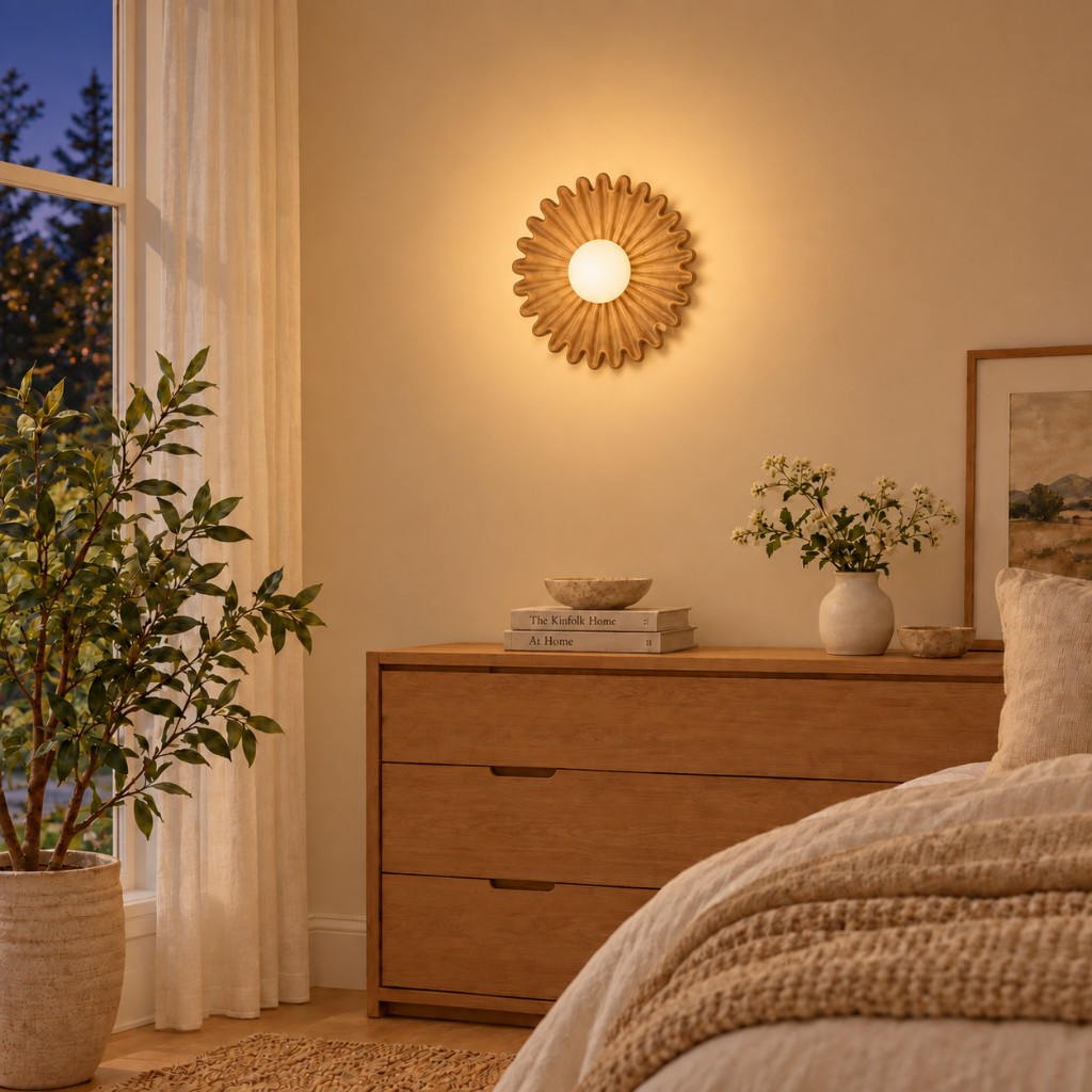 Beige Glova wall light above a bedroom dresser, lit