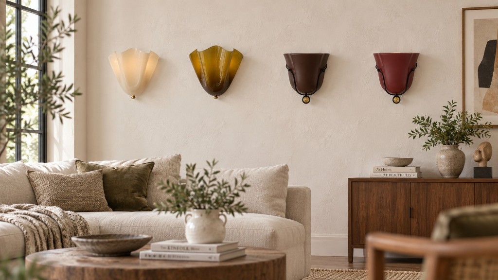 Four Bellina wall lamps in glass and ceramic on a living-room wall