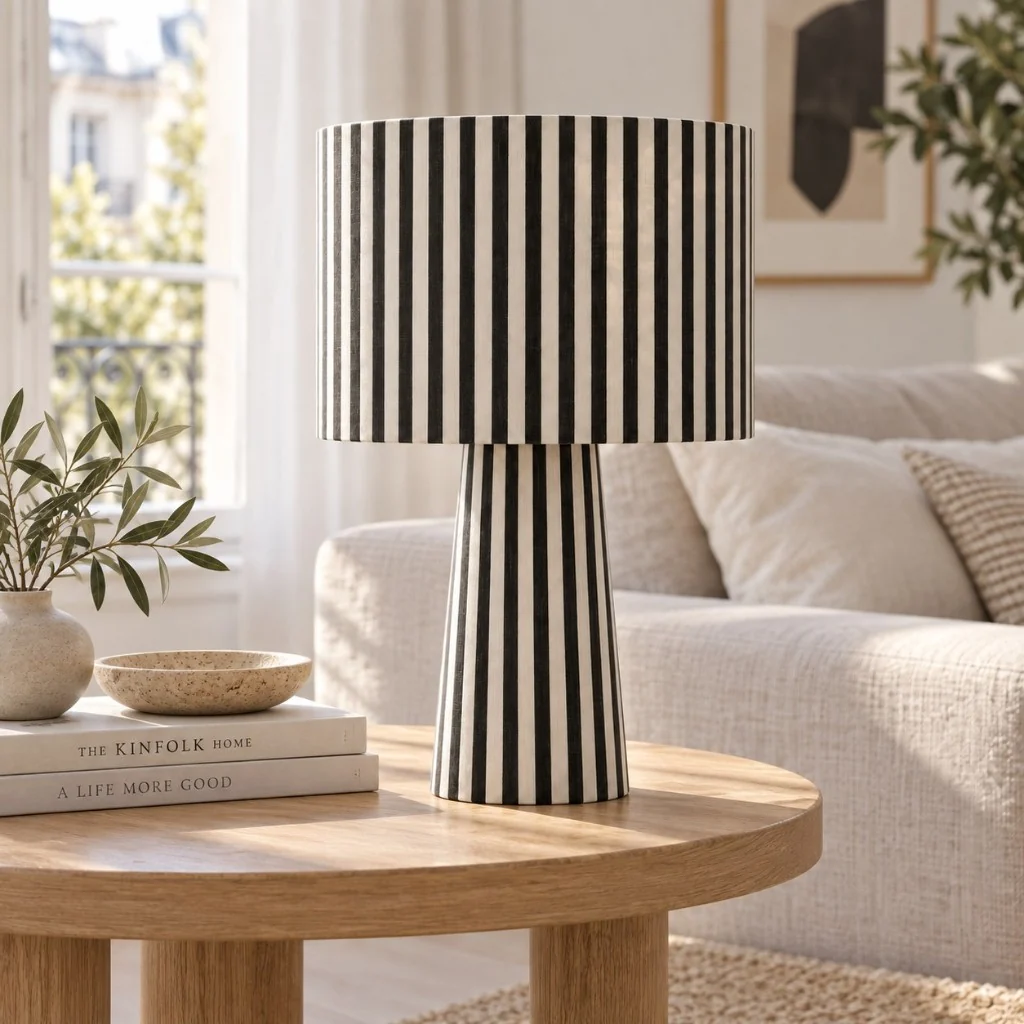 Striped fabric table lamp on a living room coffee table