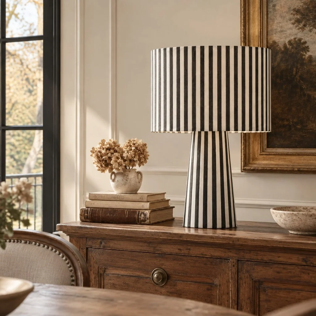 Striped fabric table lamp on a wooden sideboard