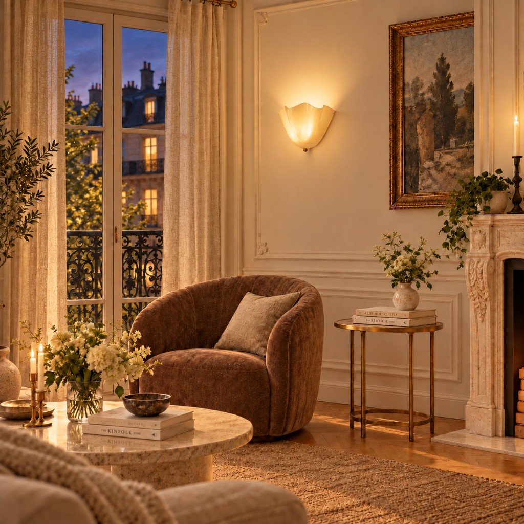 Cream glass wall lamp in a living room, lit
