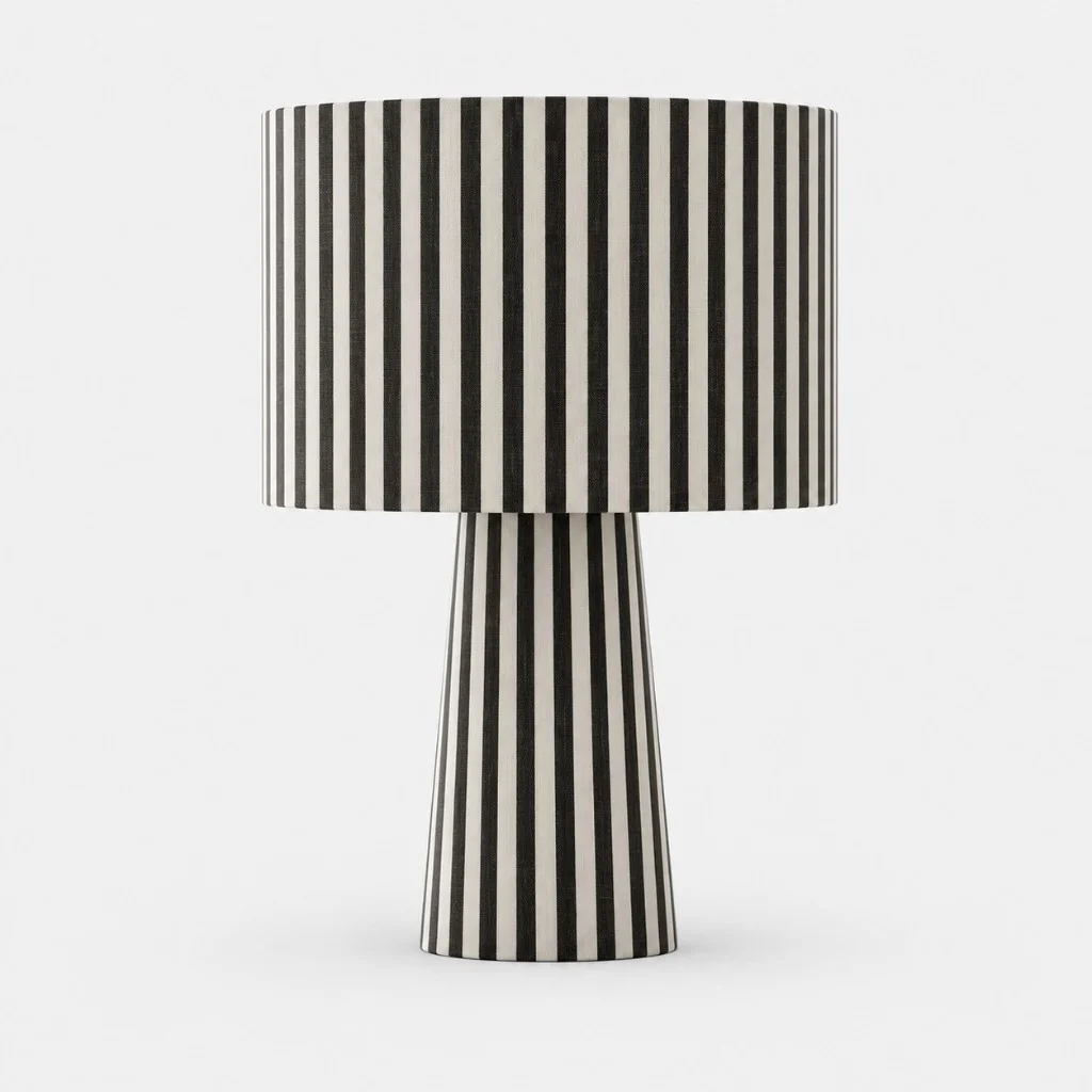 Striped fabric table lamp with drum shade