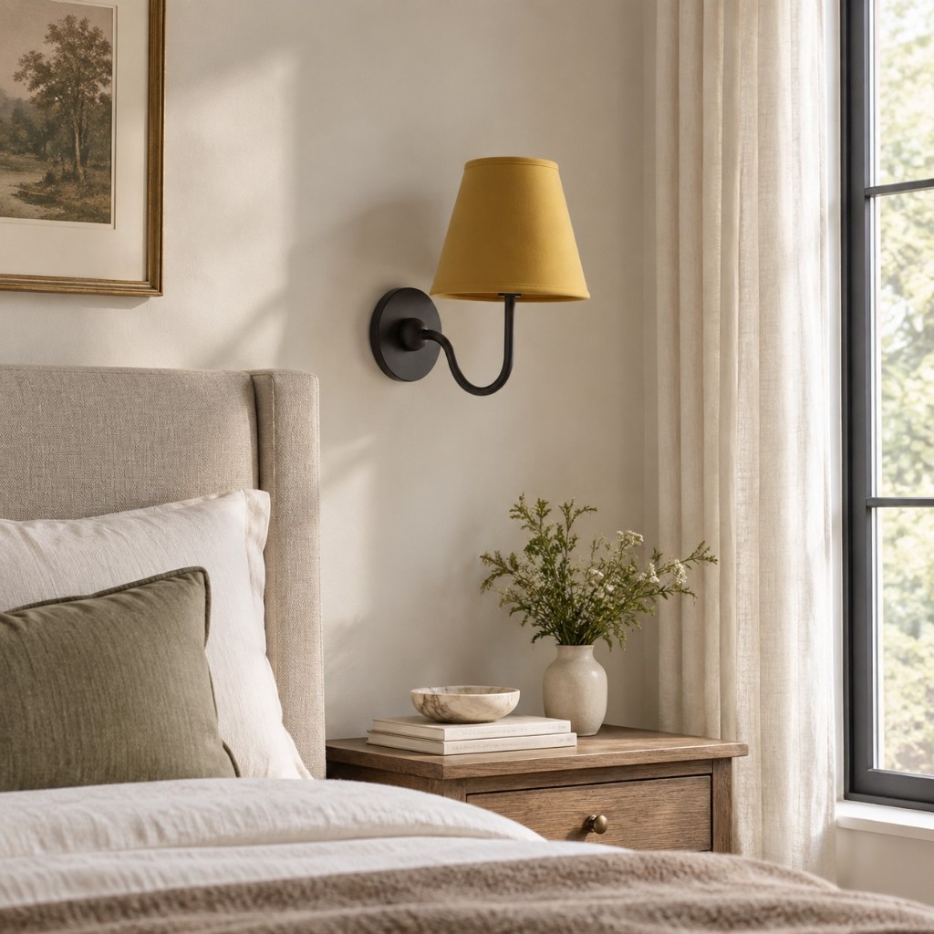 Mustard Luvora wall lamp in a bedroom, unlit