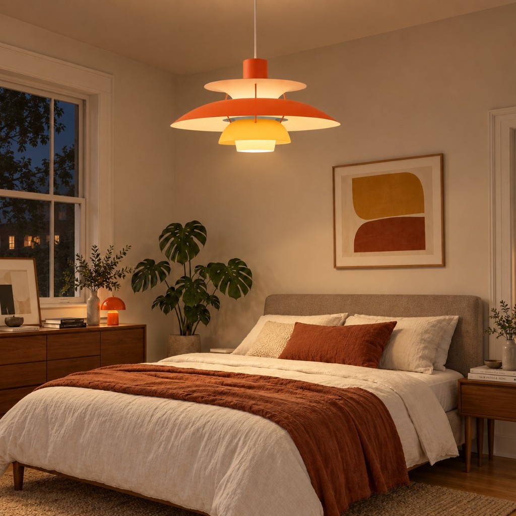 Hues of Orange Layora in a bedroom, lit