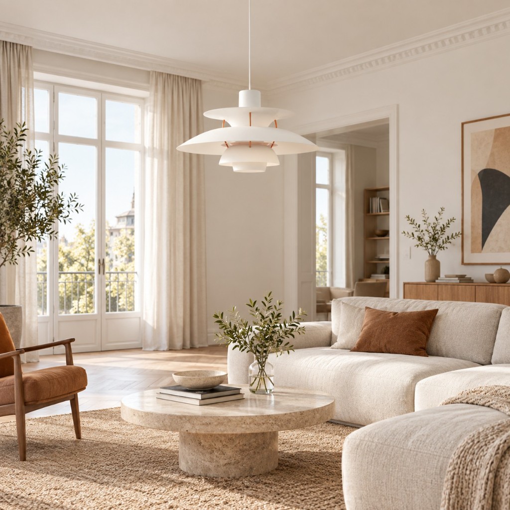 White Layora in a living room, unlit