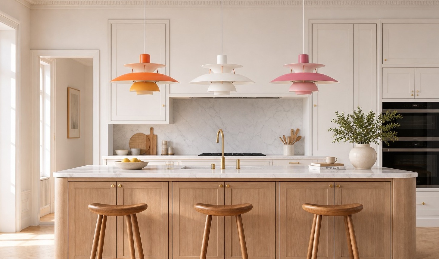 Three Layora pendants over a kitchen island