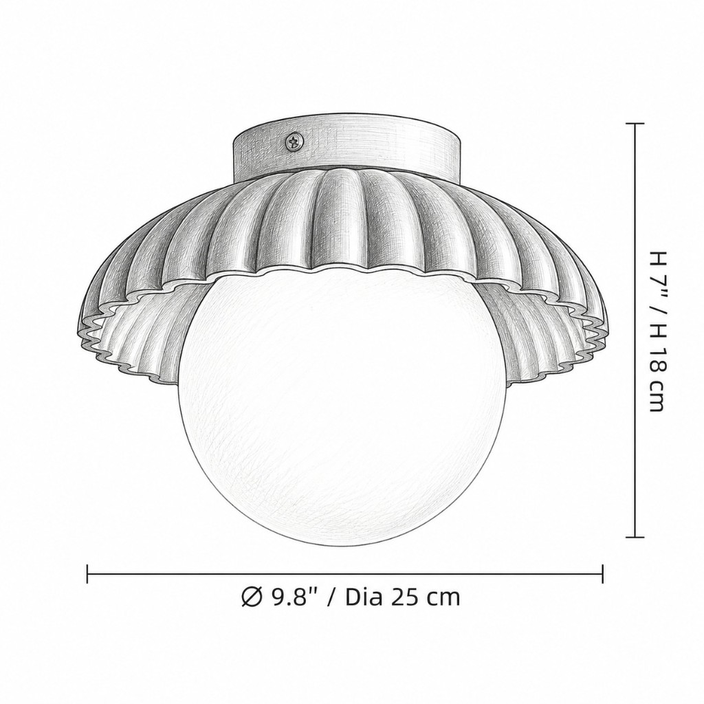 Maßskizze: Durchmesser 9,8 Zoll / 25 cm, Höhe 7 Zoll / 18 cm
