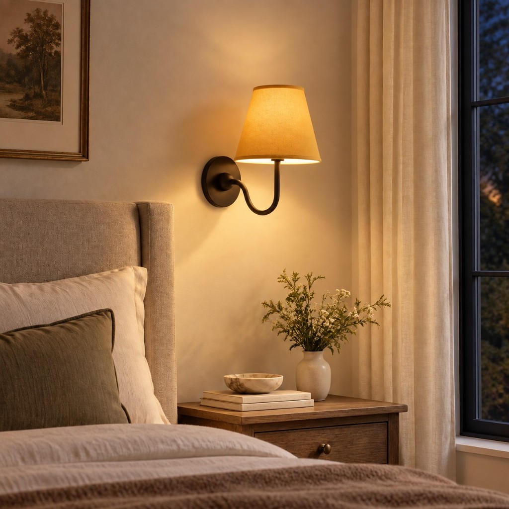 Mustard Luvora wall lamp in a bedroom, lit