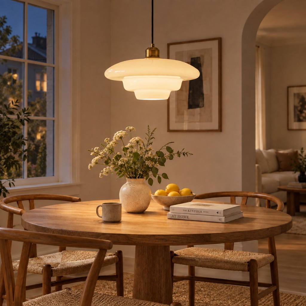 Design A over a dining table, lit
