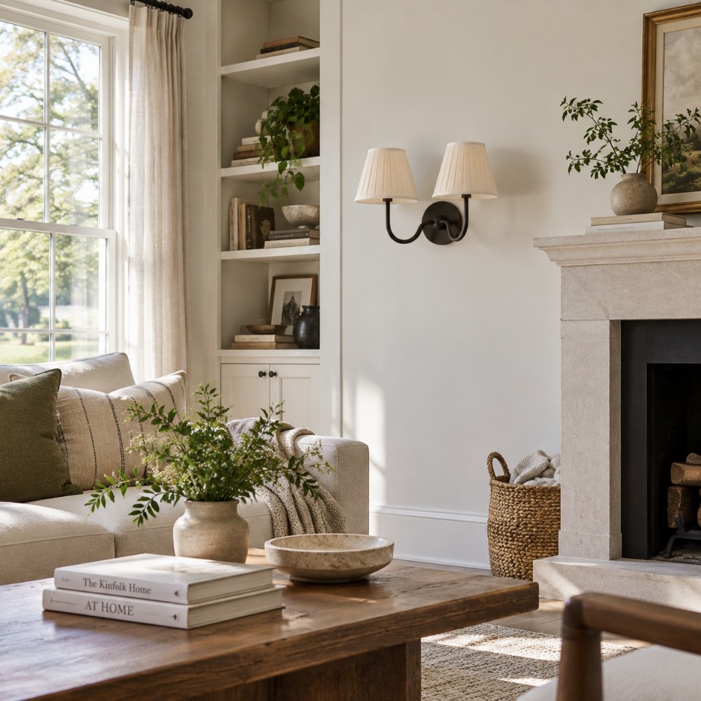 Two-head cream Luvora wall lamp in a living room, unlit