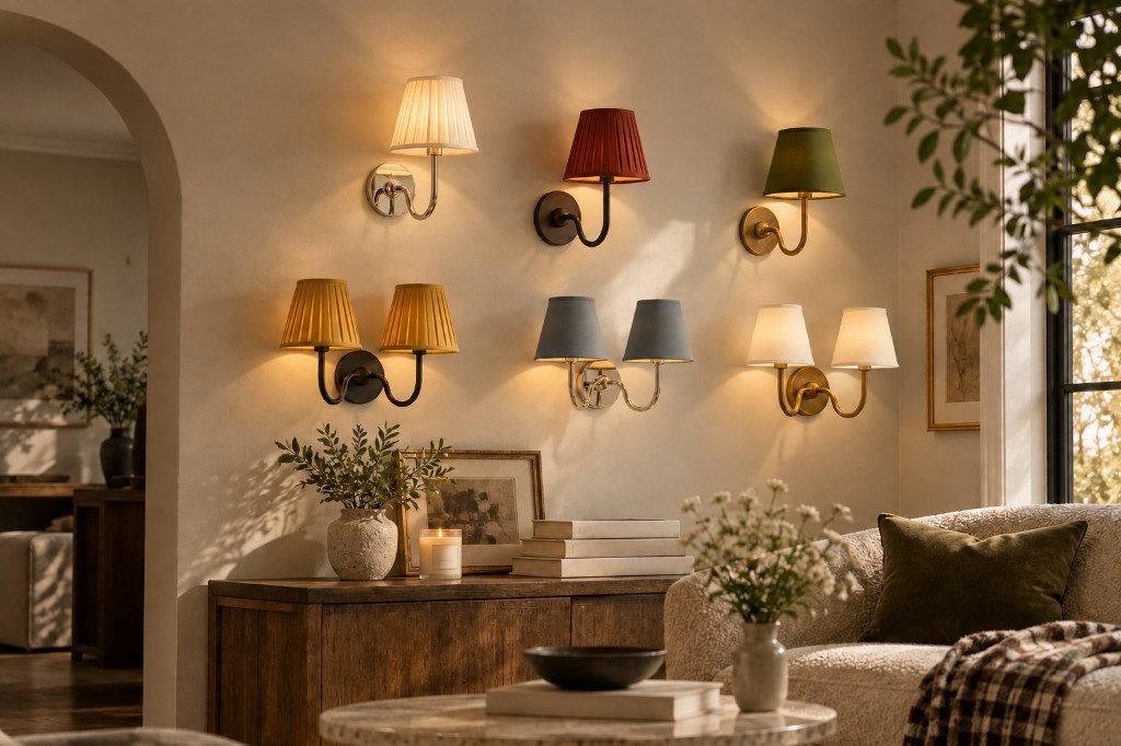 Luvora wall lamps in mixed linen shades and metal finishes on a living-room wall