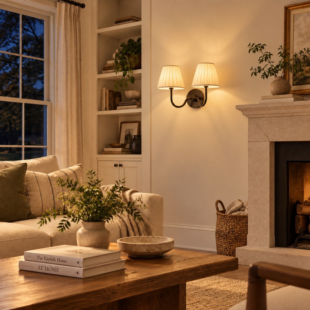 Two-head cream Luvora wall lamp in a living room, lit