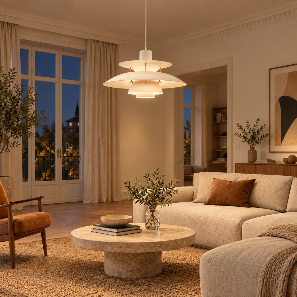 White Layora in a living room, lit