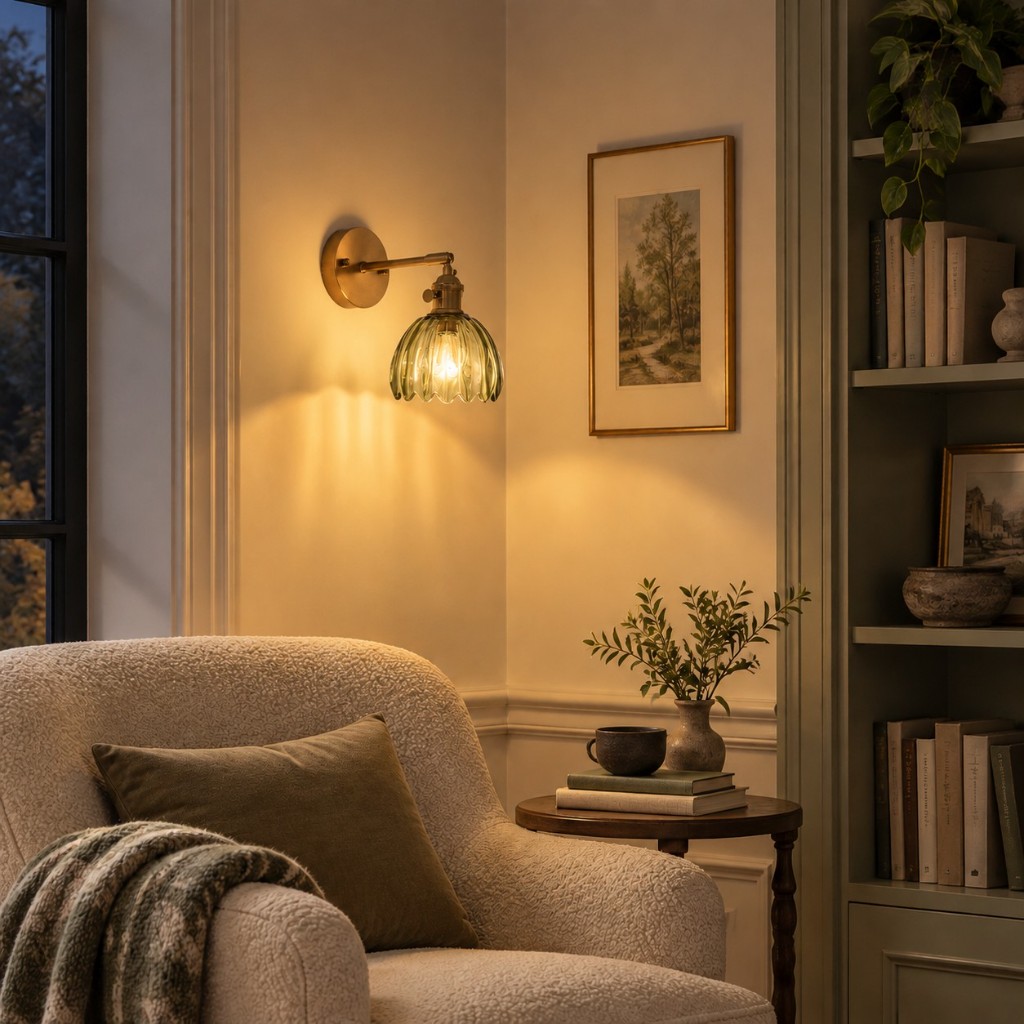 Green Blossix beside a reading chair, lit
