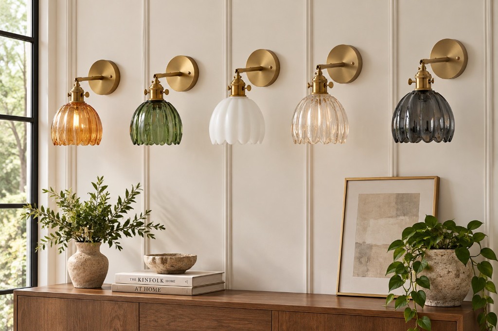 Blossix tulip wall sconces in Amber, Green, White, Clear Glass, and Smoke Gray