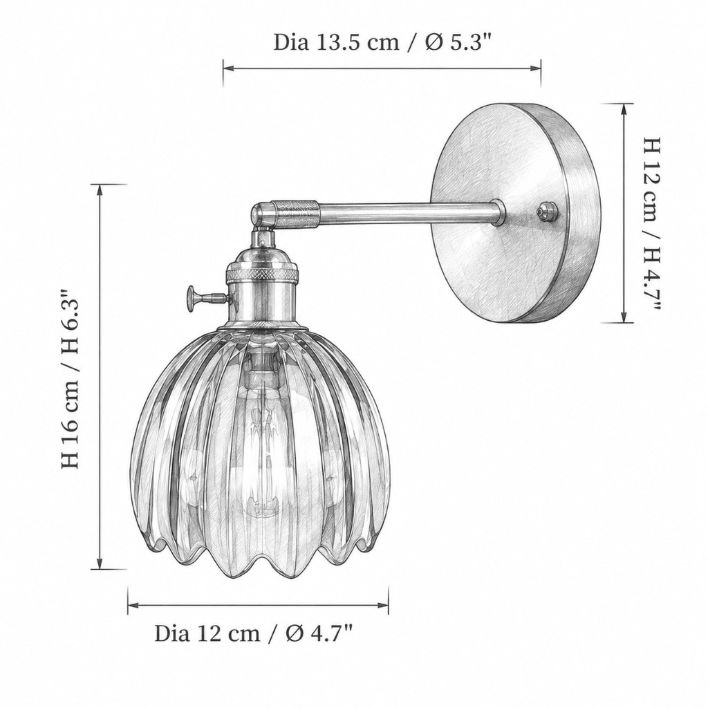 Size diagram: shade 12 × 16 cm, projection 13.5 cm, canopy 12 cm
