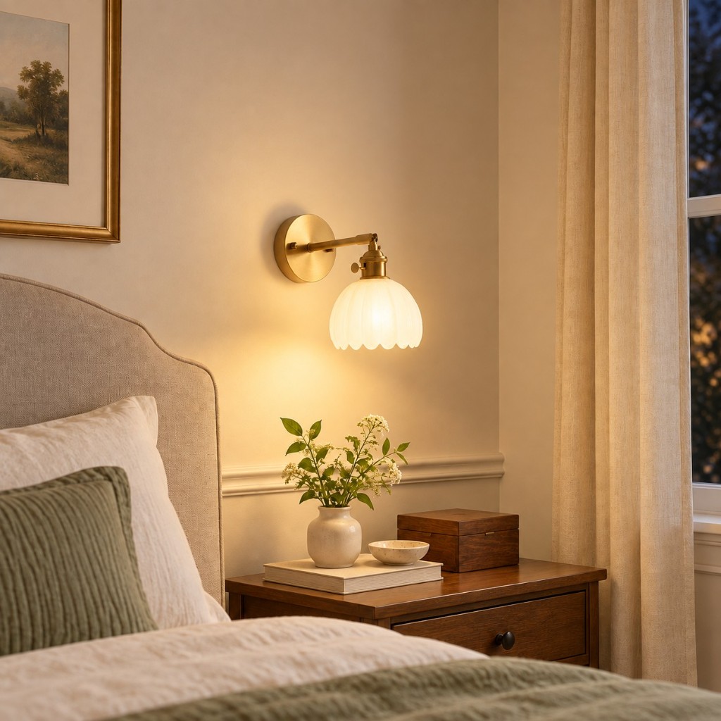 White Blossix beside a bed, lit