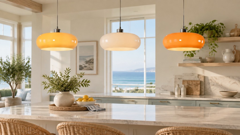 Potivus Glow in Orange, White, and Deep Orange over a kitchen island