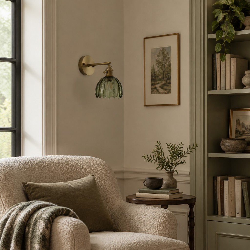 Green Blossix beside a reading chair, unlit