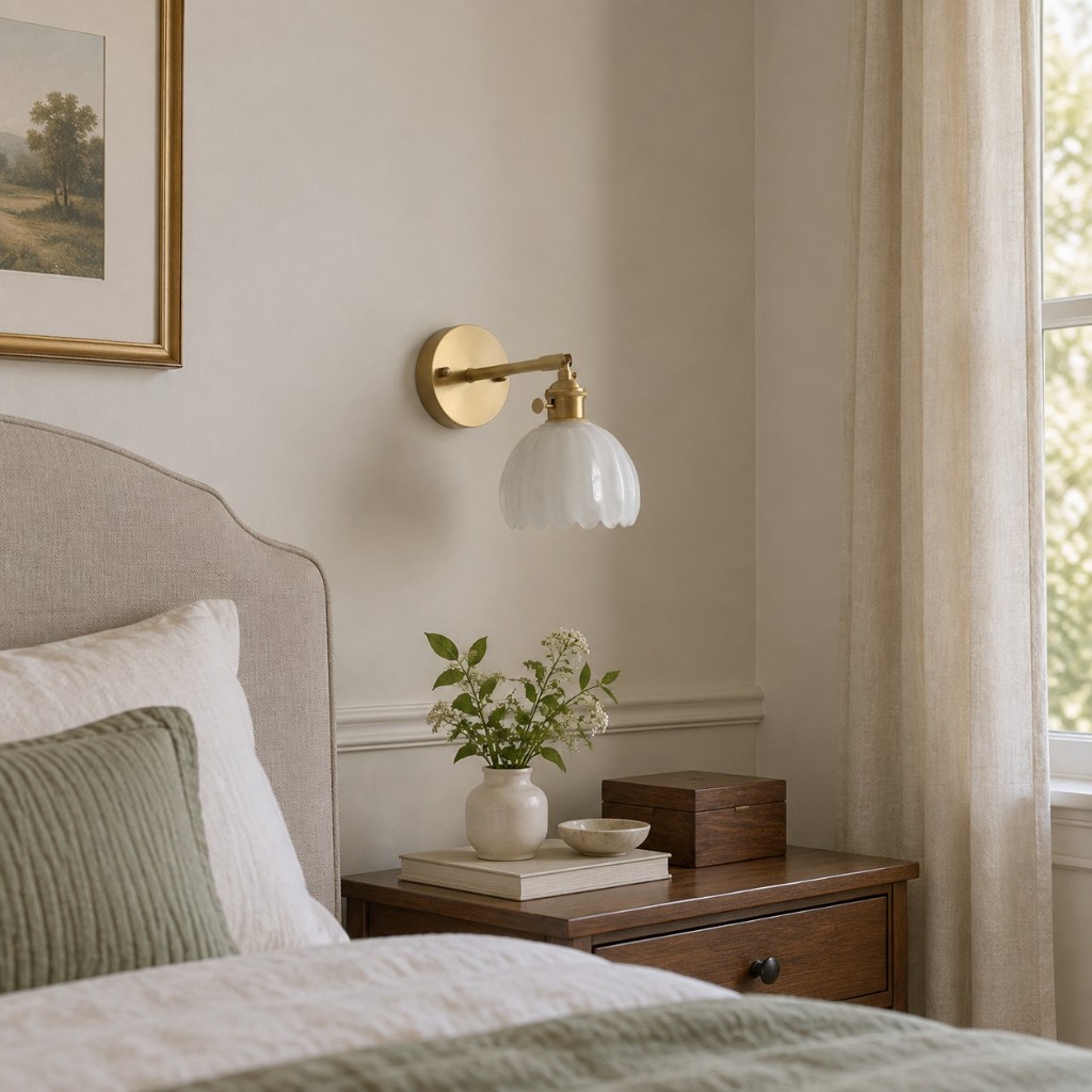 White Blossix beside a bed, unlit
