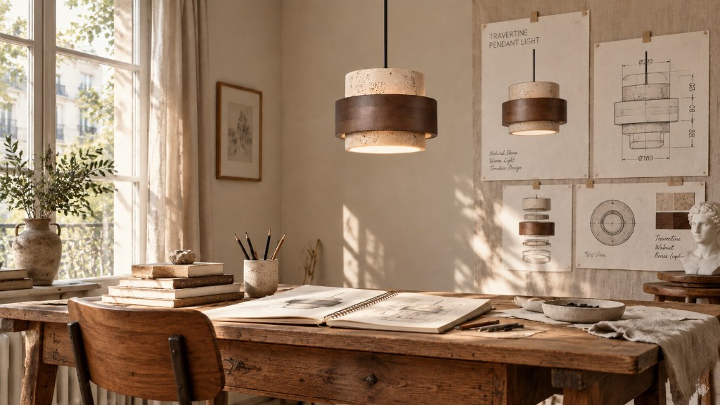 Stonel studio with travertine and walnut drawings