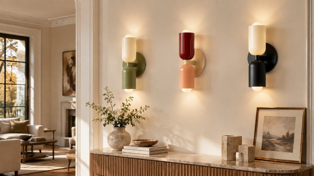 Three Symra wall sconces in green, pink-red, and black creamy-white pairings