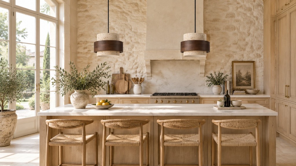 Two Stonel travertine pendants over a stone kitchen island