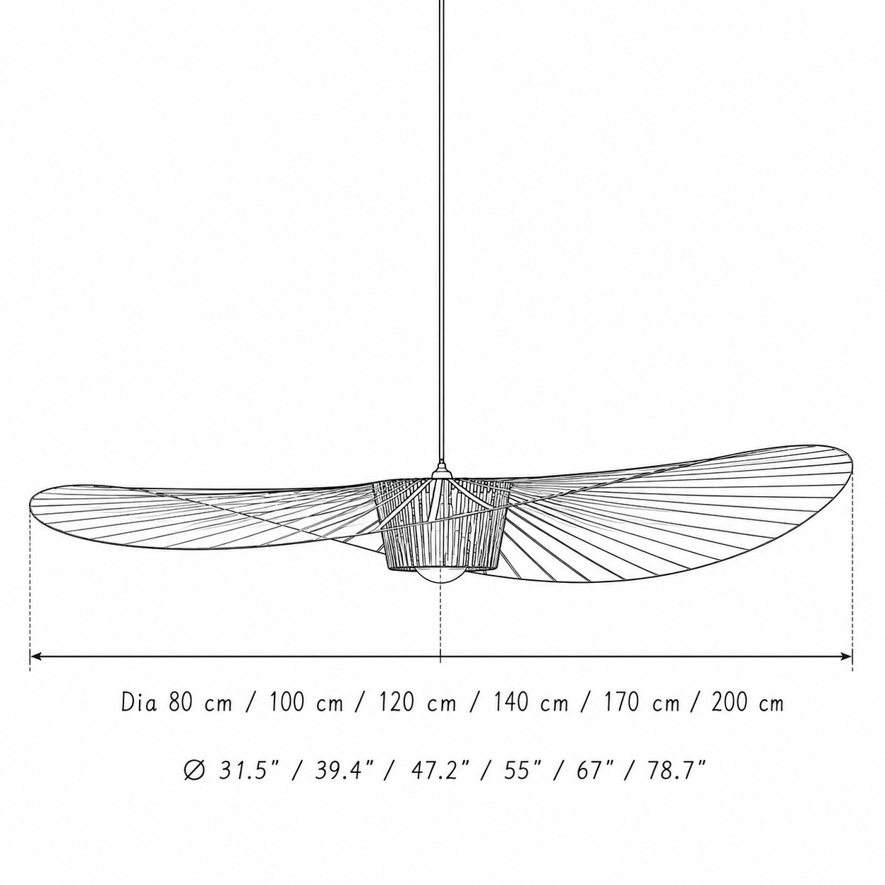 Size diagram: diameters 80, 100, 120, 140, 170 and 200 cm