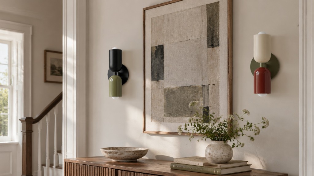 Two Symra wall sconces flanking a painting in a hallway