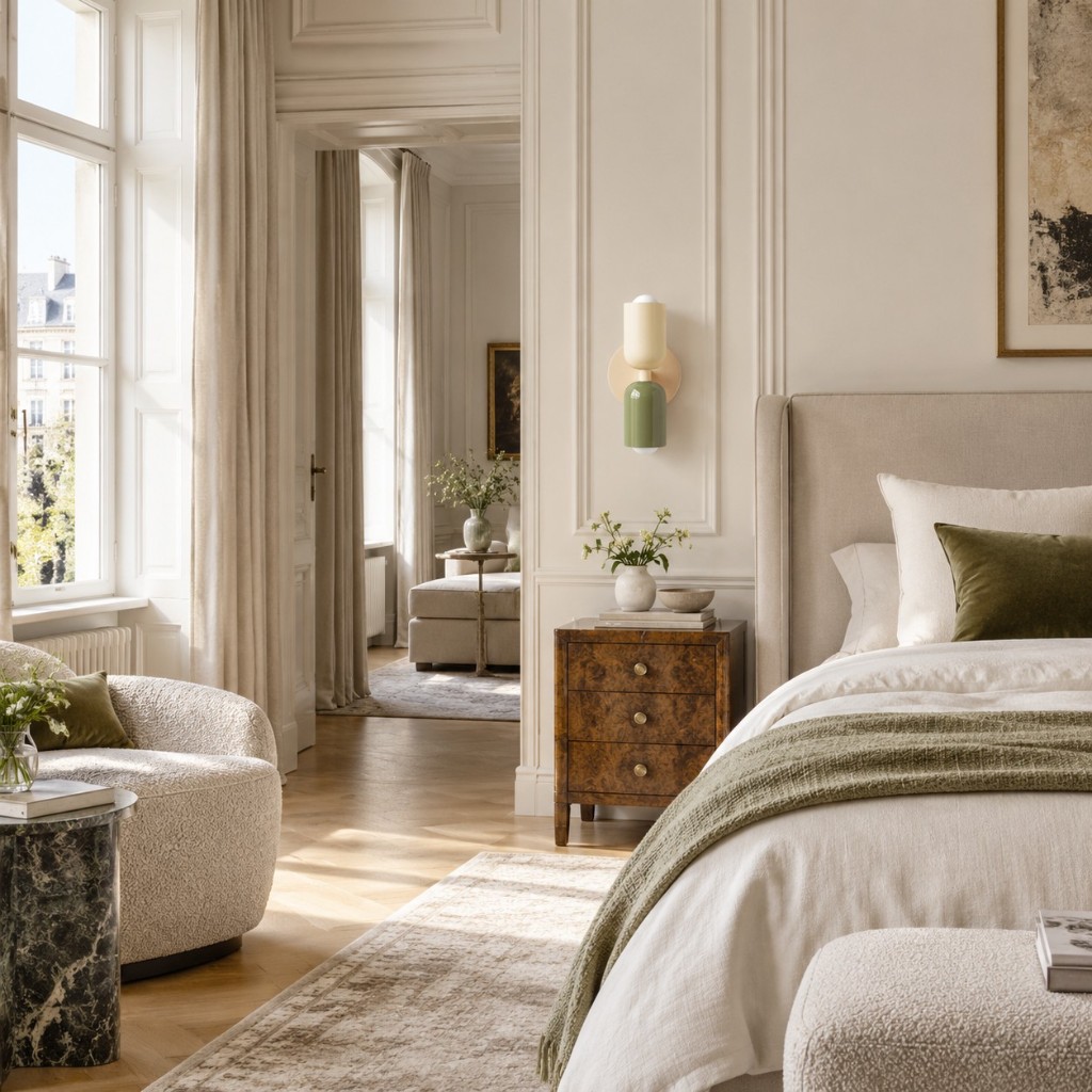 Green and cream Symra beside a bed, unlit