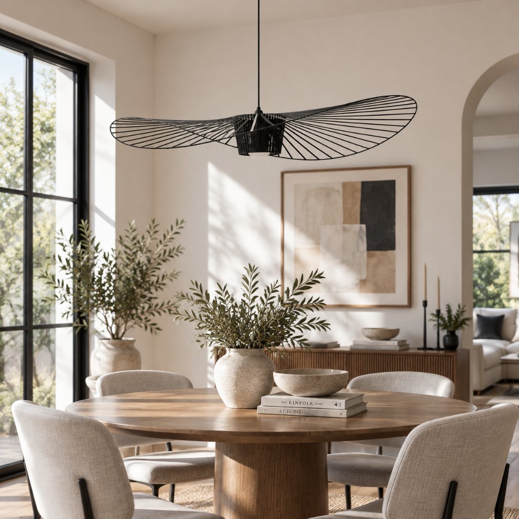 Black pendant over a dining table, unlit