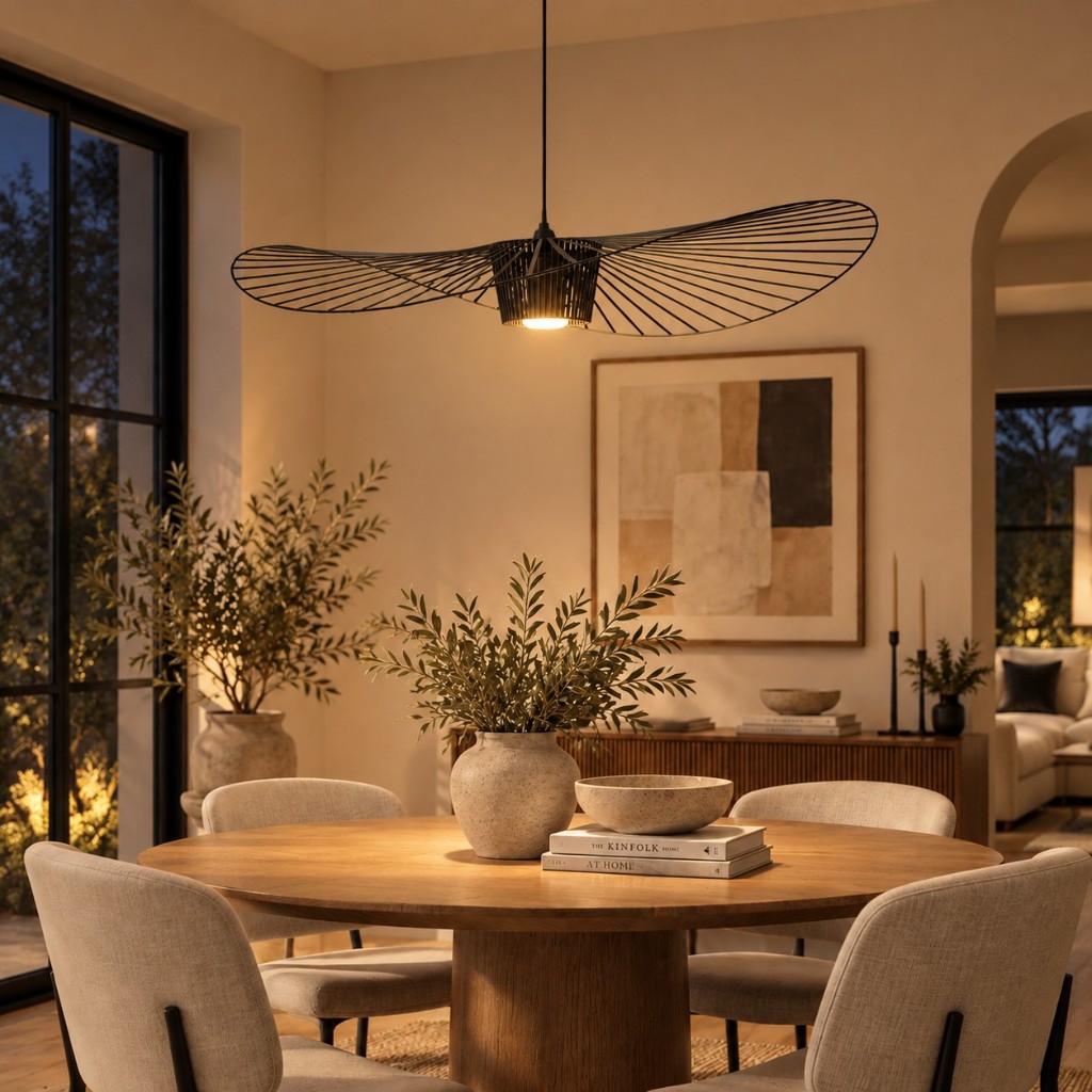 Black pendant over a dining table, lit