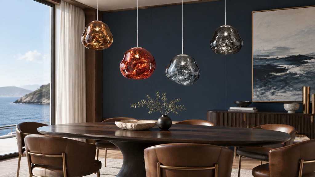 Four Glyador pendants in gold, red, smoke gray and silver over a dining table