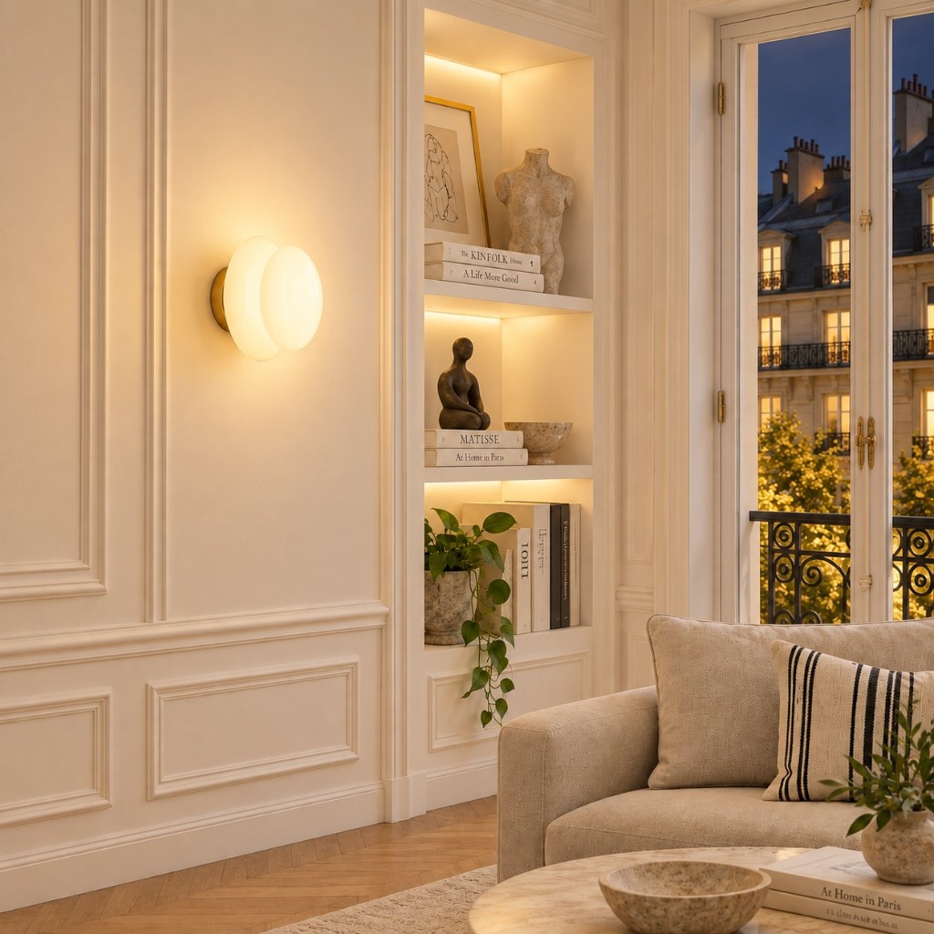 White Baya on a living-room wall, lit