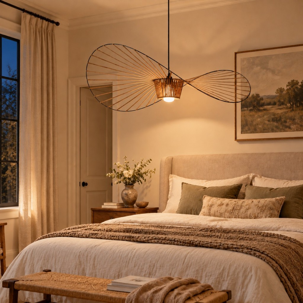 Brown pendant over a bed, lit
