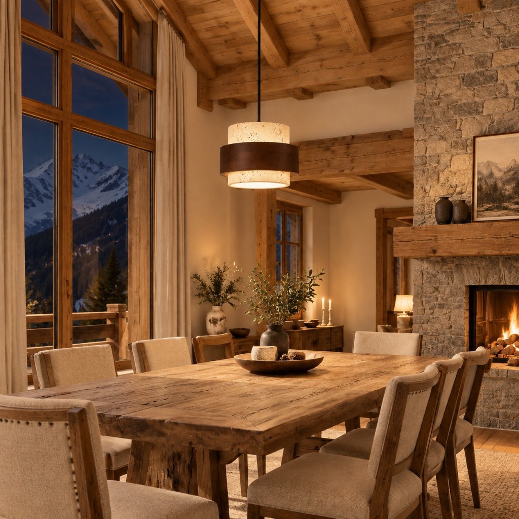 Stonel over a dining table, lit