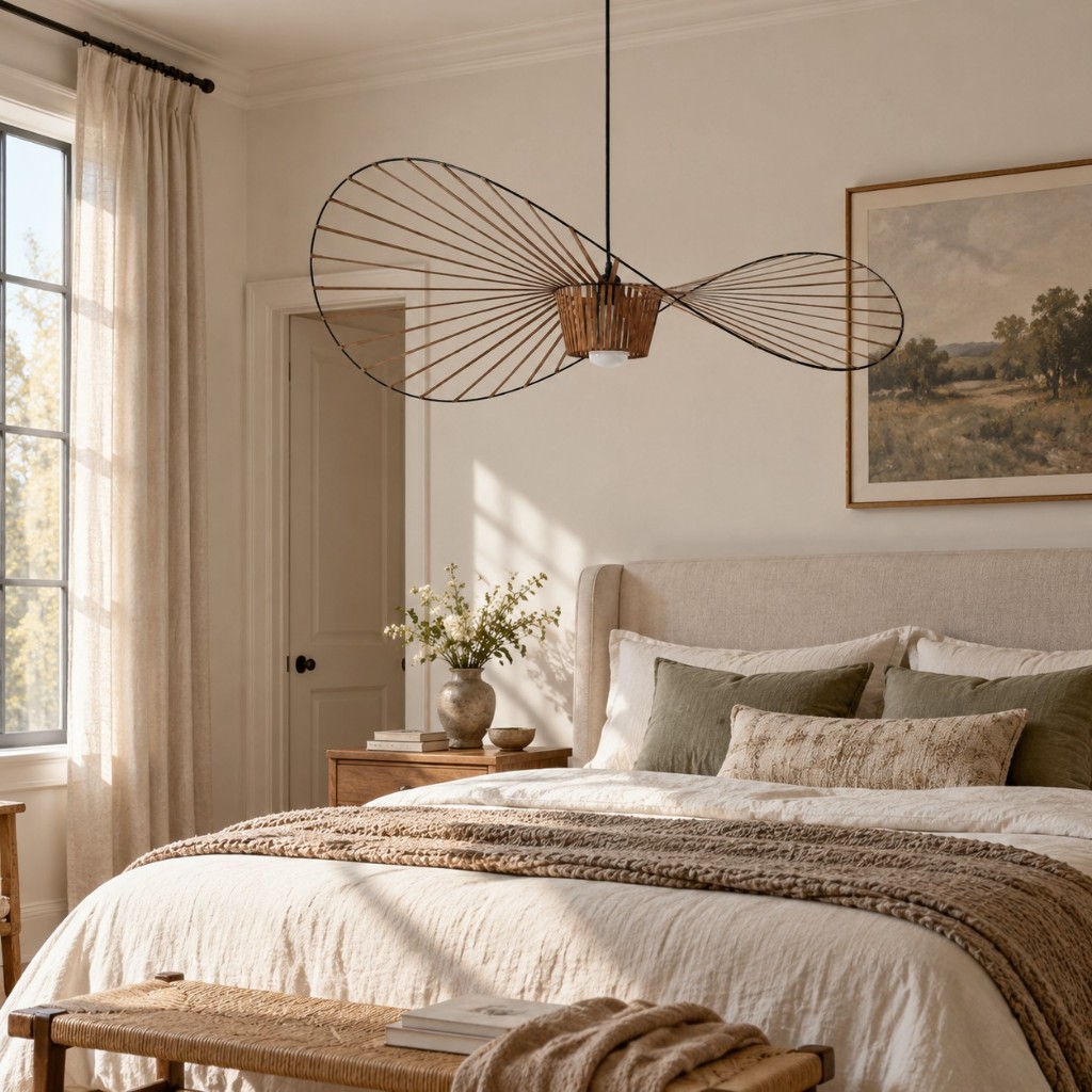 Brown pendant over a bed, unlit