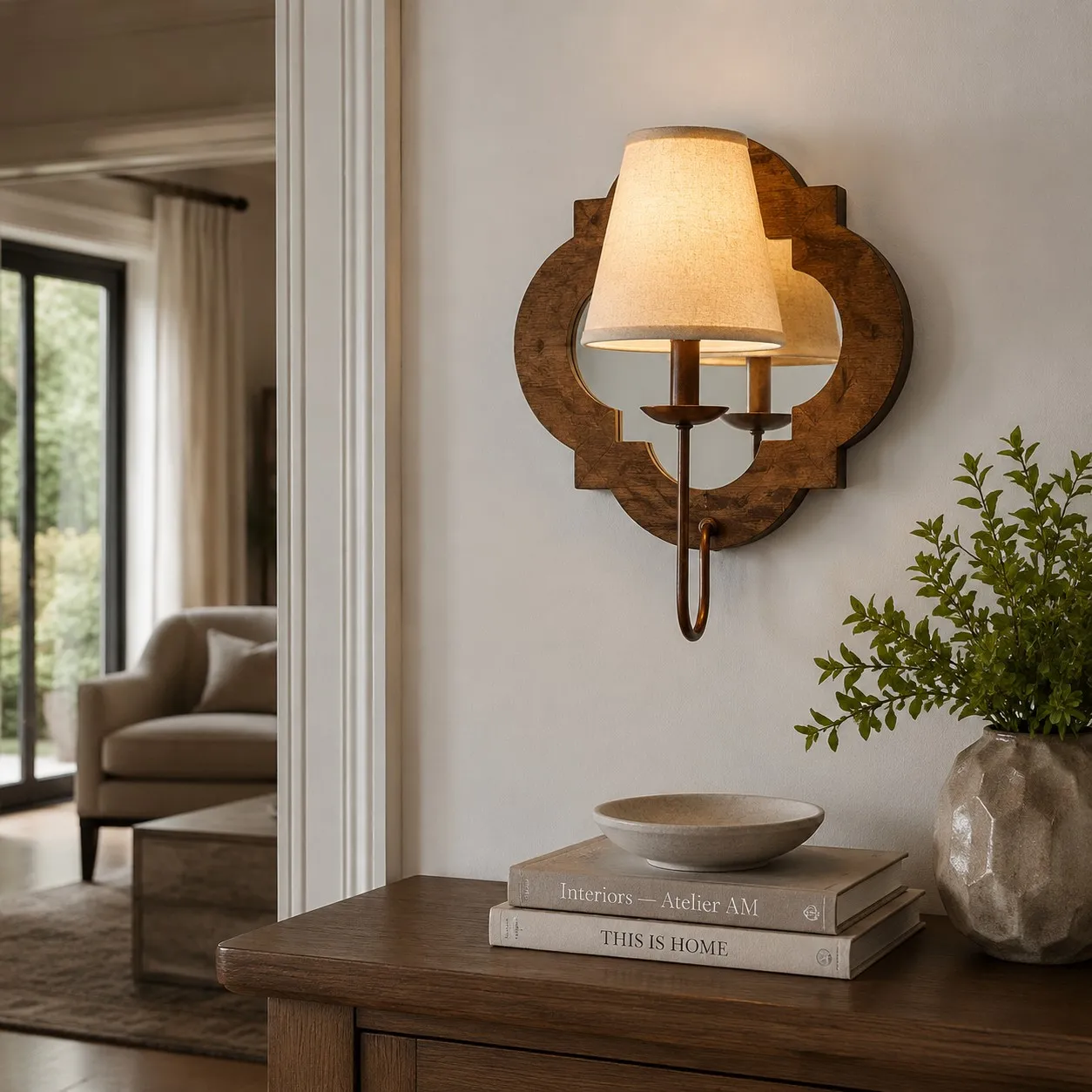 Antique Wood Wall Sconce With Fabric Shade