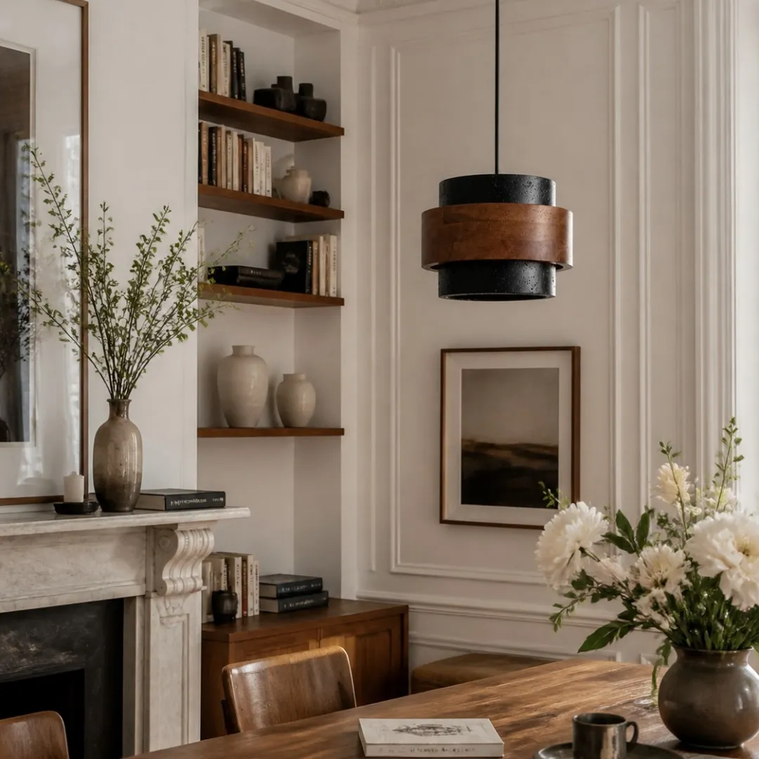 Black and walnut travertine pendant installed above a dining table
