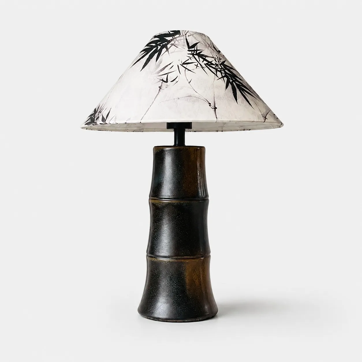 Tall dark brown bamboo-form ceramic table lamp