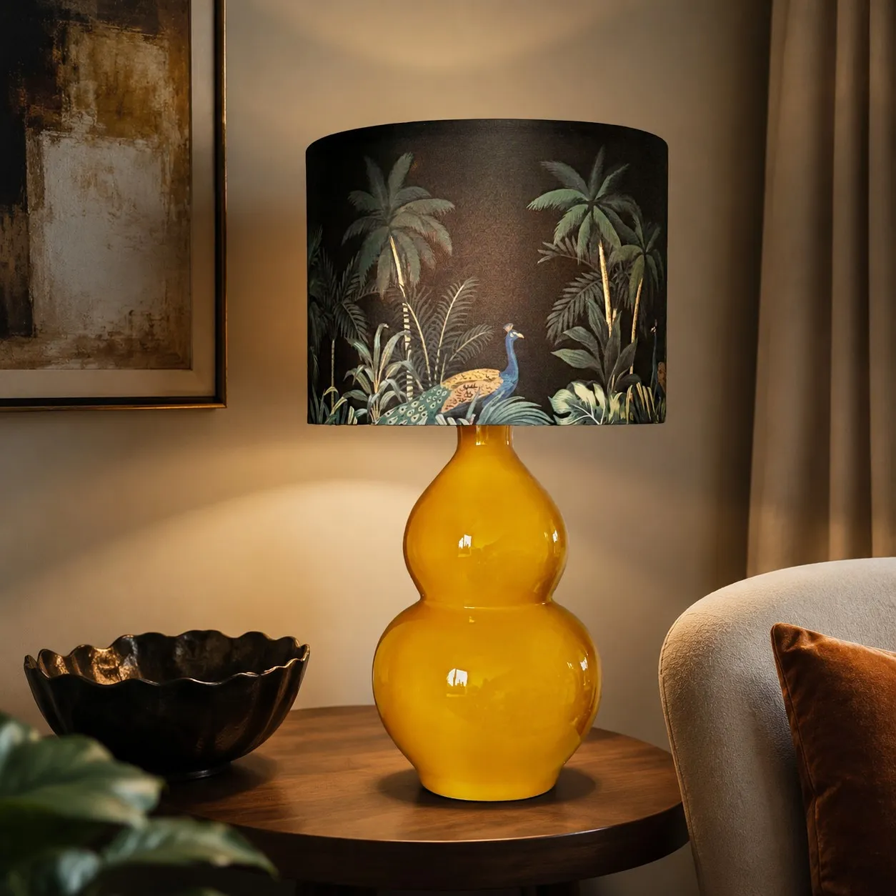 Rounded Gold ceramic table lamp in a lounge setting