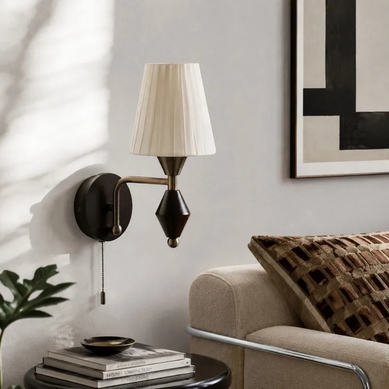 Sofa-side scene with ash wood glass wall sconce