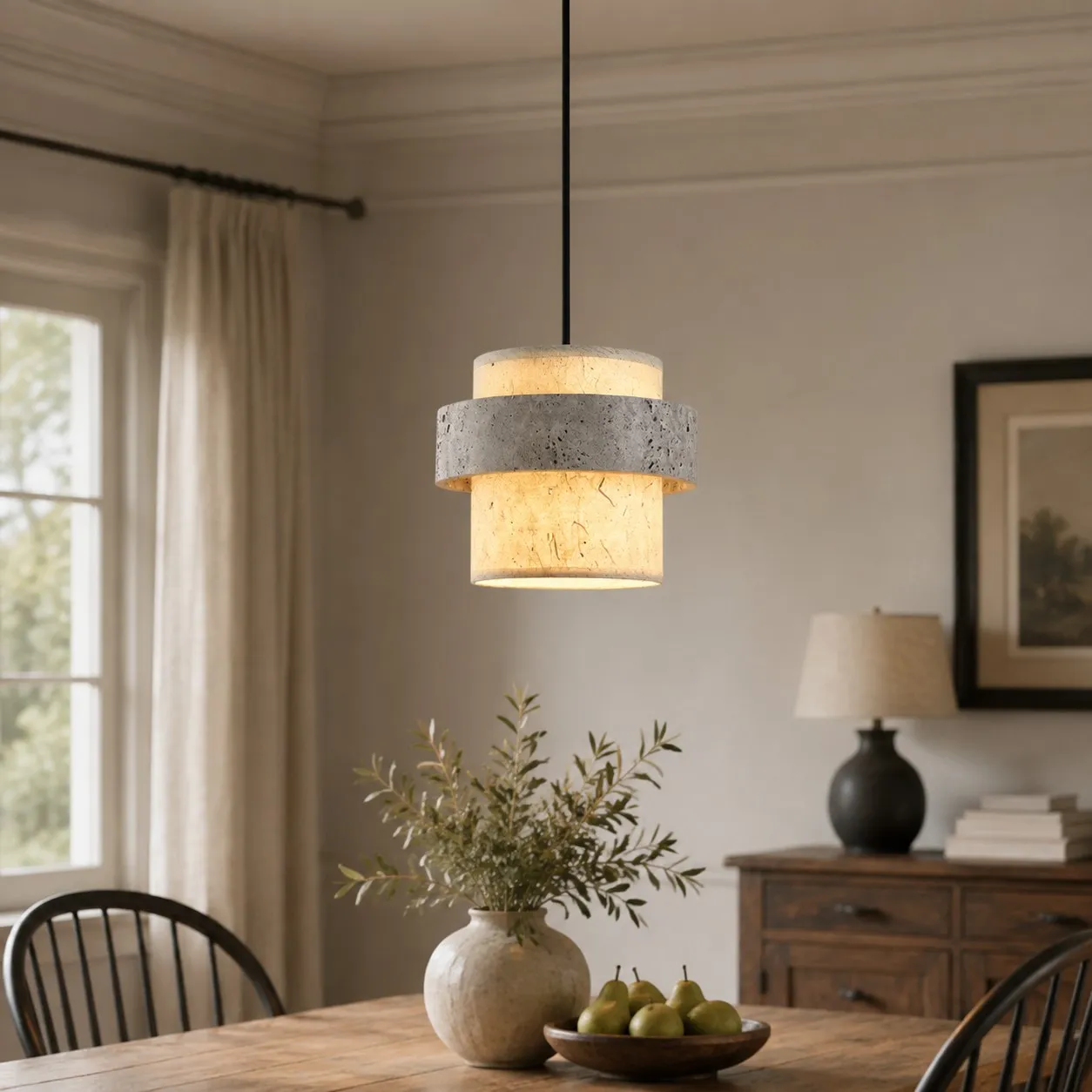 Style C gray travertine stone pendant in a dining room